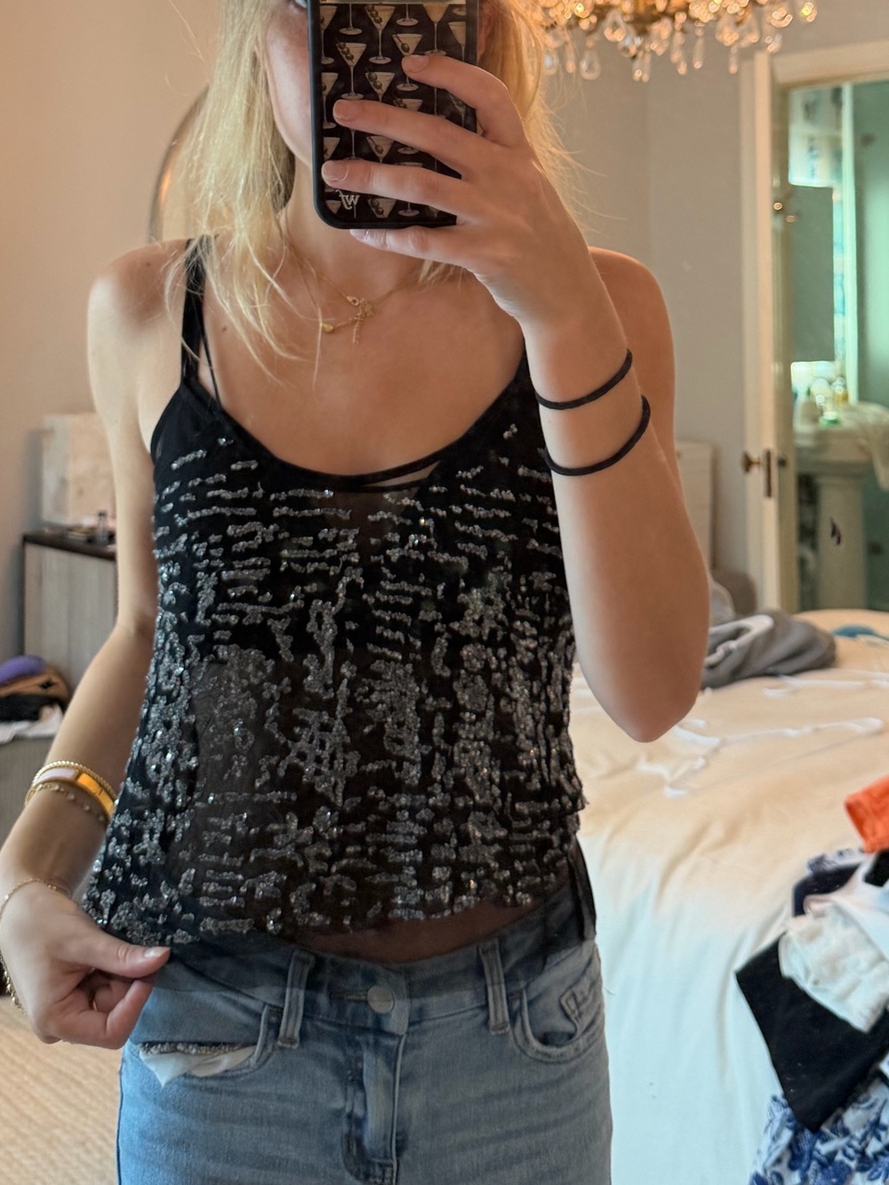 Black Sequin Sheer Tank Top - Women